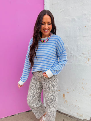 Sienna Striped Corded Pullover-Blue