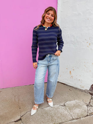 Evie Striped Sweater-Navy