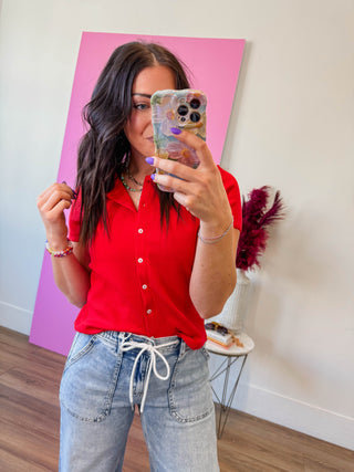 Maya Ribbed Button Down Tee-Cherry