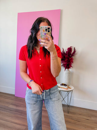 Maya Ribbed Button Down Tee-Cherry