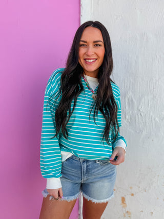 Easy Day Striped Pullover-Turquoise