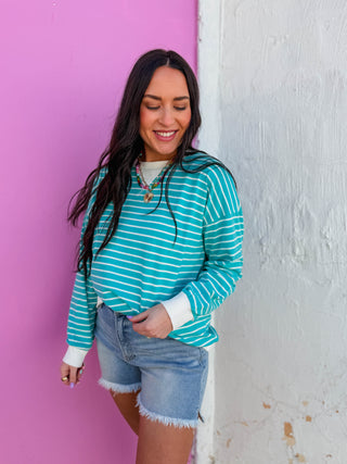 Easy Day Striped Pullover-Turquoise
