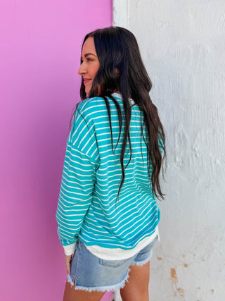 Easy Day Striped Pullover-Turquoise