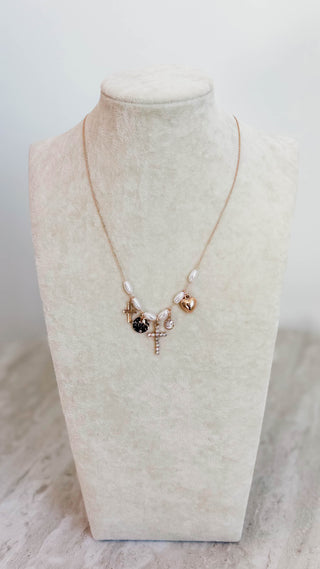Gold Heart & Cross Pearl Beaded Charm Necklace
