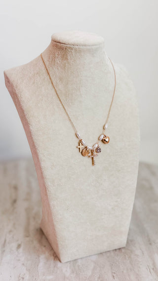Gold Heart & Cross Pearl Beaded Charm Necklace