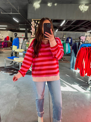 Play It Cool Striped Pullover-Red/Pink
