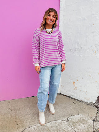 Sienna Striped Corded Pullover-Light Plum