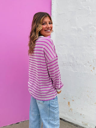 Sienna Striped Corded Pullover-Light Plum