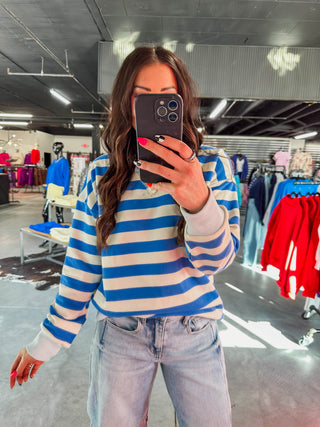 Play It Cool Striped Pullover-Ocean Blue