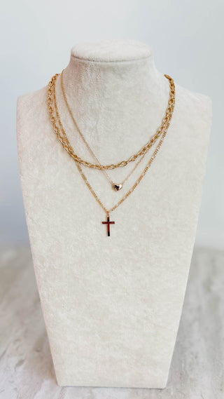 3 Layer Gold Heart & Cross Necklace