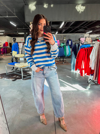 Play It Cool Striped Pullover-Ocean Blue