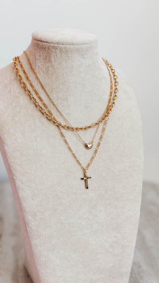 3 Layer Gold Heart & Cross Necklace