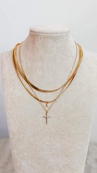 3 Layer Gold Snake Chain Cross Necklace