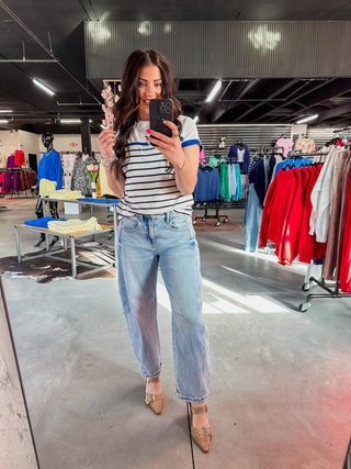 Jen Striped Top-Ivory/Royal