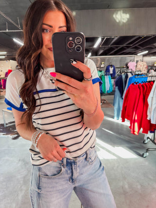 Jen Striped Top-Ivory/Royal