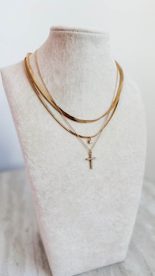 3 Layer Gold Snake Chain Cross Necklace
