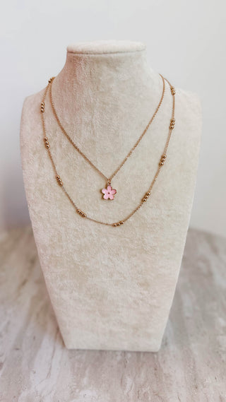 Pink Flower Layered Gold Necklace