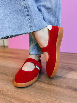 Corkys Calm Down Flats-Red Faux Suede