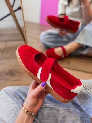 Corkys Calm Down Flats-Red Faux Suede