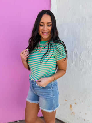 Aiden Striped Tee-Teal/Mocha
