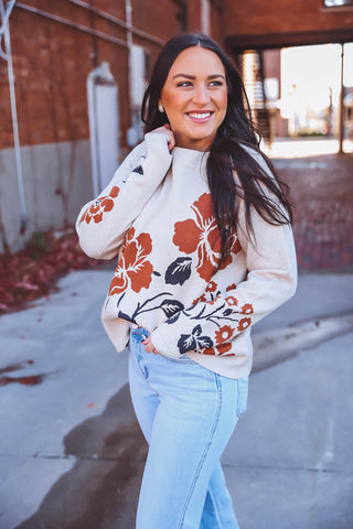 Parker Floral Sweater-Oatmeal/Copper