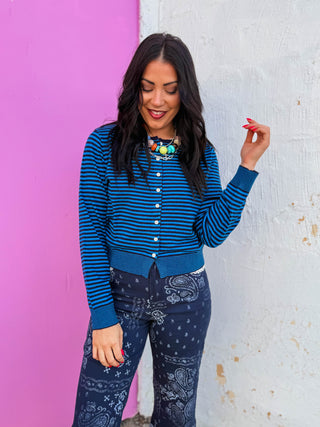 Montana Striped Cardigan-Teal/Navy