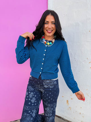 Montana Striped Cardigan-Teal/Navy