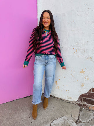 Heidi Striped Pullover-Fuchsia/Green