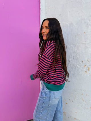Heidi Striped Pullover-Fuchsia/Green
