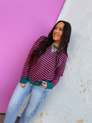 Heidi Striped Pullover-Fuchsia/Green