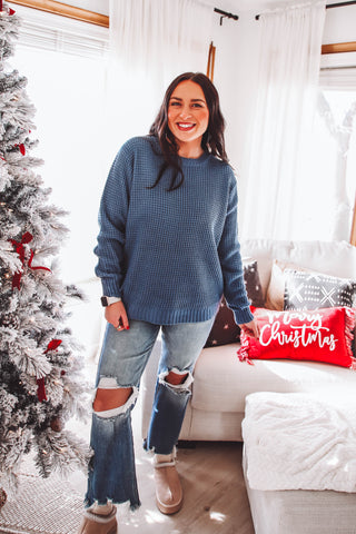 DOORBUSTER-Jessica Waffle Knit Sweater-Dusty Blue