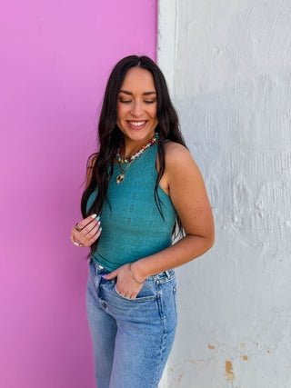Floral Textured Tank-Dusty Teal