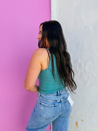 Floral Textured Tank-Dusty Teal