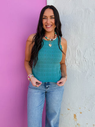 Floral Textured Tank-Dusty Teal
