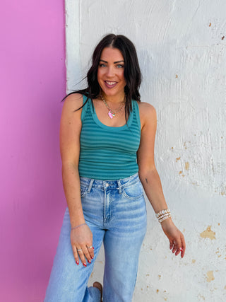 Cool Girl Striped Tank-Dusty Teal