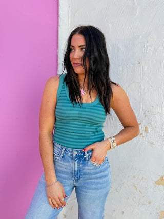 Cool Girl Striped Tank-Dusty Teal