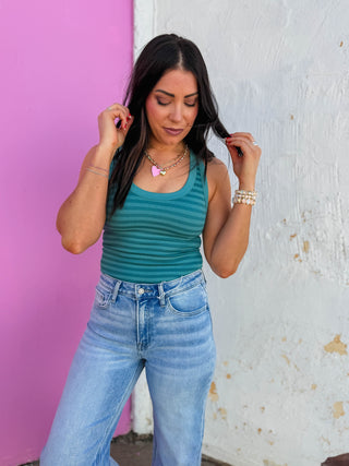Cool Girl Striped Tank-Dusty Teal