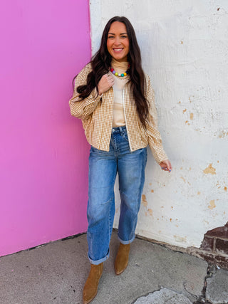 In Check Gingham Jacket-Caramel