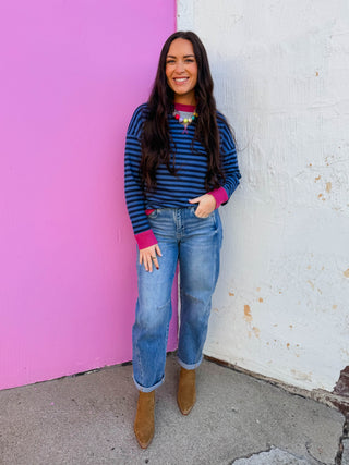 Heidi Striped Pullover-Navy/Fuchsia