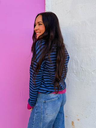 Heidi Striped Pullover-Navy/Fuchsia