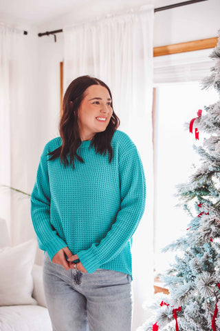 DOORBUSTER-Jessica Waffle Knit Sweater-Turquoise