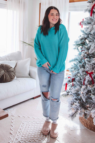 DOORBUSTER-Jessica Waffle Knit Sweater-Turquoise