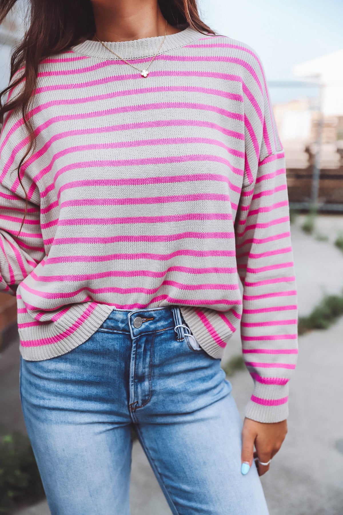 Hattie Striped Sweater-Stone/Orchid