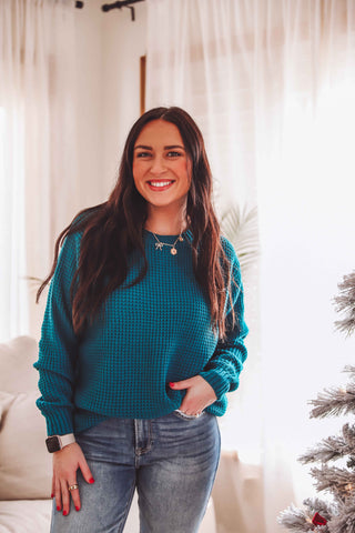 DOORBUSTER-Jessica Waffle Knit Sweater-Teal