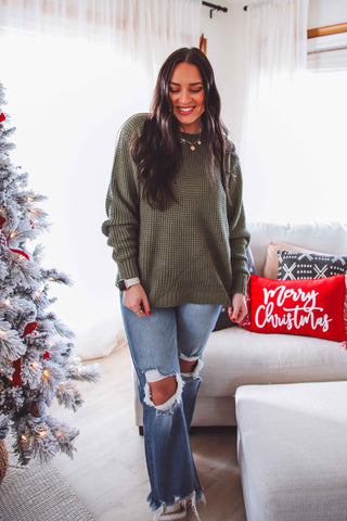 DOORBUSTER-Jessica Waffle Knit Sweater-Light Olive