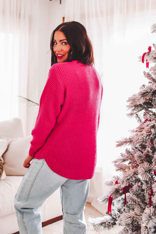 DOORBUSTER-Jessica Waffle Knit Sweater-Hot Pink