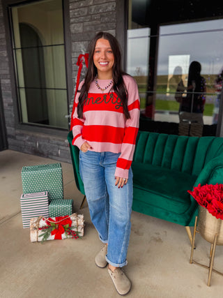 Merry Color Block Sweater-Pink/Red