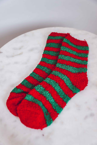 Christmas Fuzzy Socks-Red/Green Stripe