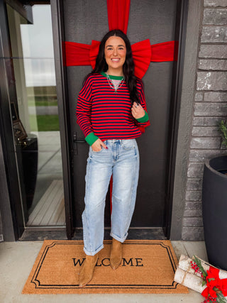 Heidi Striped Pullover-Red/Green