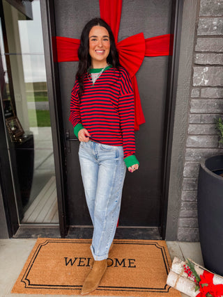 Heidi Striped Pullover-Red/Green